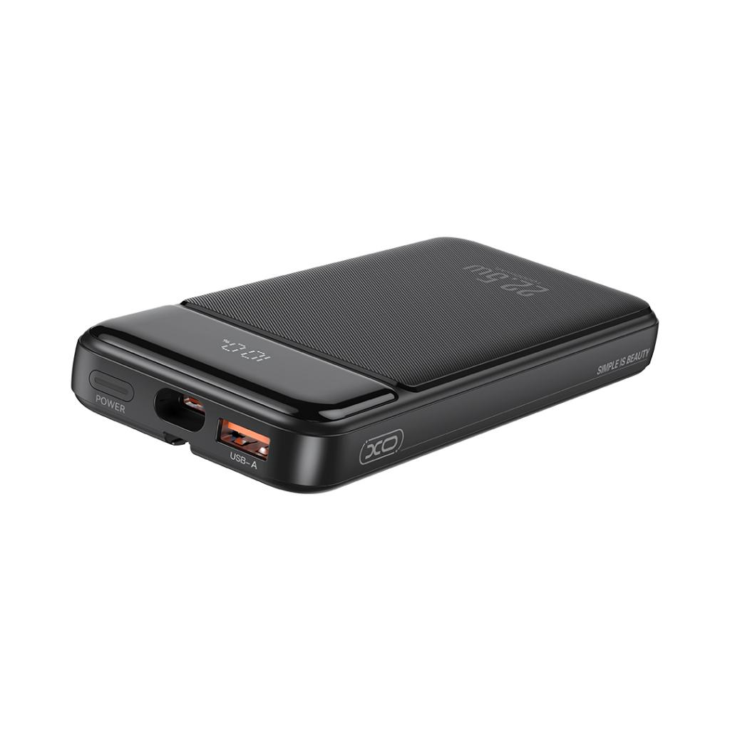 XO PR274 power bank 10000 mAh (Fekete) – digitális kijelző, PD 20W + QC 22.5W, 3 beépített kábel (2× USB-C, 1× Lightning)