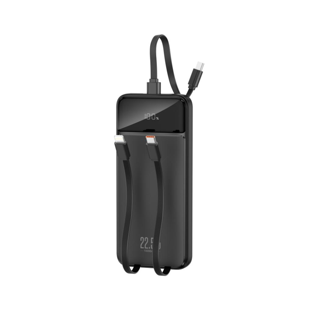 XO PR274 power bank 10000 mAh (Fekete) – digitális kijelző, PD 20W + QC 22.5W, 3 beépített kábel (2× USB-C, 1× Lightning)