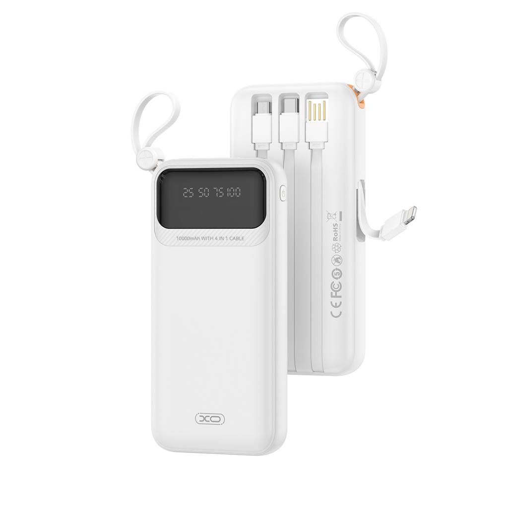 XO PR278 power bank 10000 mAh (Fehér) – digitális kijelző, 4 beépített kábel (USB-A, USB-C, MicroUSB, Lightning)
