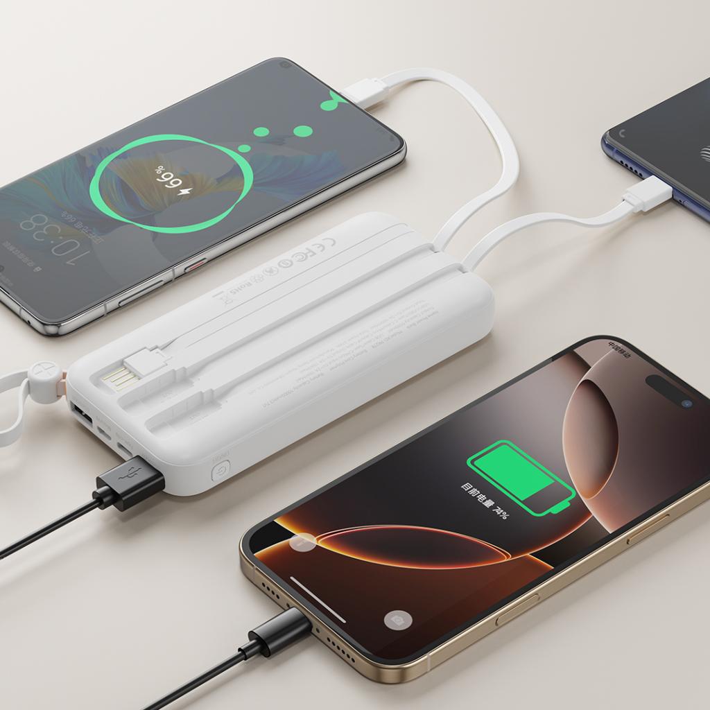 XO PR278 power bank 10000 mAh (Fehér) – digitális kijelző, 4 beépített kábel (USB-A, USB-C, MicroUSB, Lightning)