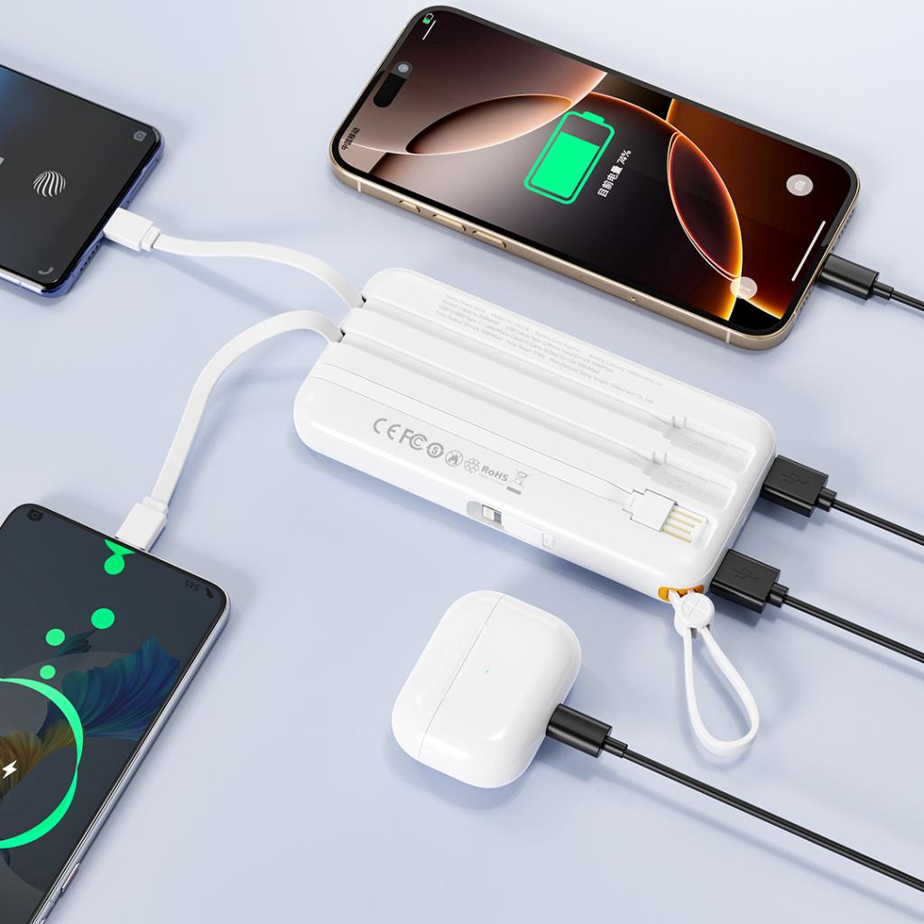 XO PR278 power bank 10000 mAh (Fehér) – digitális kijelző, 4 beépített kábel (USB-A, USB-C, MicroUSB, Lightning)