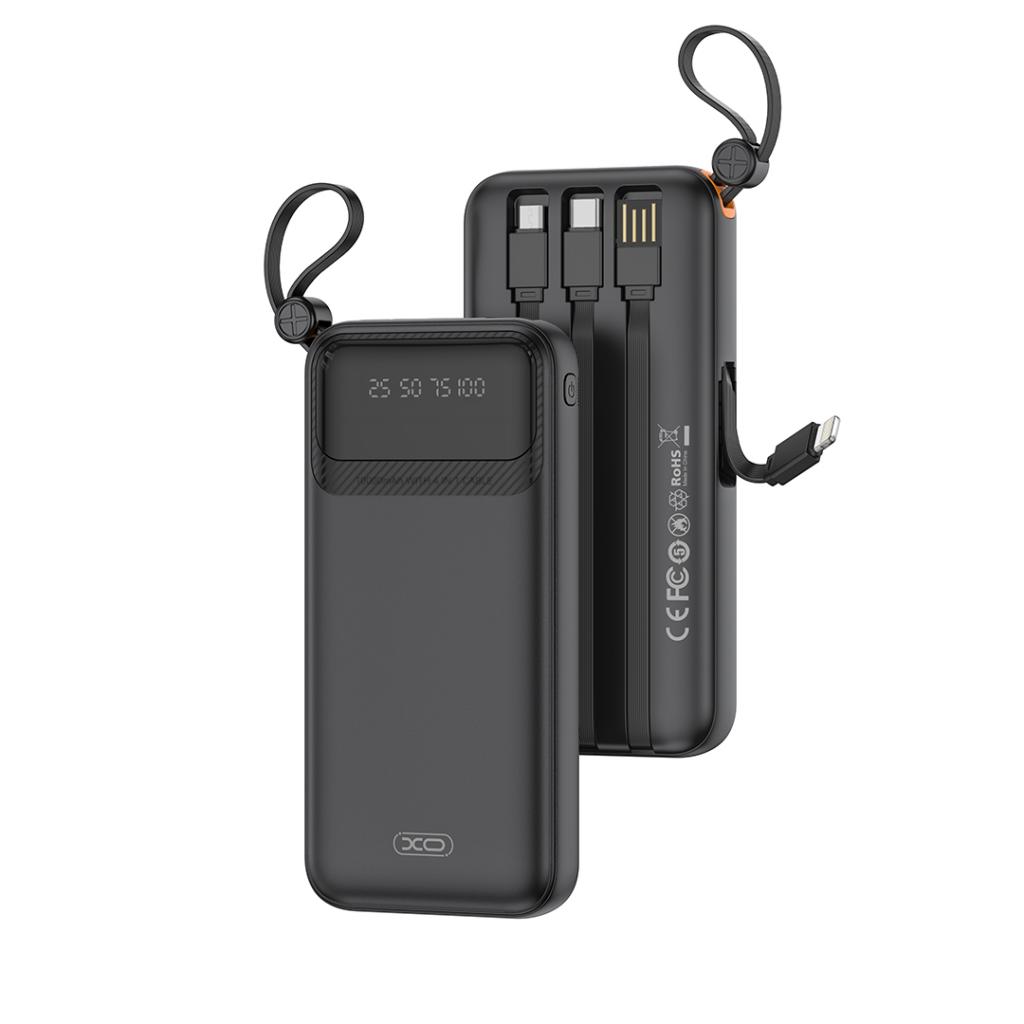 XO PR278 power bank 10000 mAh (Fekete) – digitális kijelző, 4 beépített kábel (USB-A, USB-C, MicroUSB, Lightning)