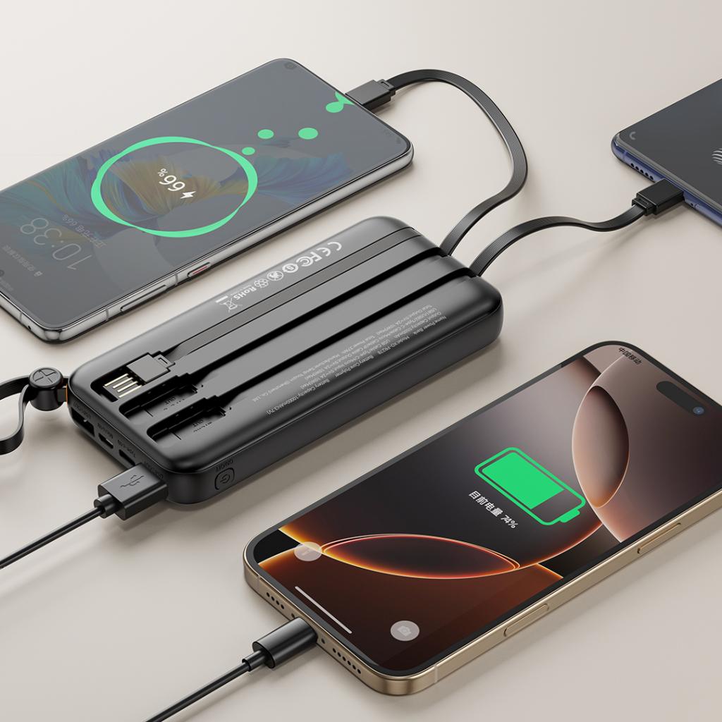 XO PR278 power bank 10000 mAh (Fekete) – digitális kijelző, 4 beépített kábel (USB-A, USB-C, MicroUSB, Lightning)