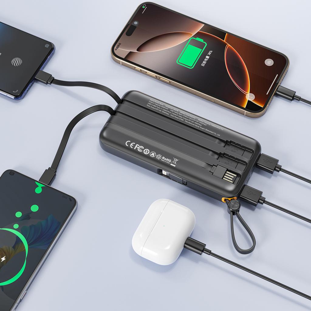 XO PR278 power bank 10000 mAh (Fekete) – digitális kijelző, 4 beépített kábel (USB-A, USB-C, MicroUSB, Lightning)