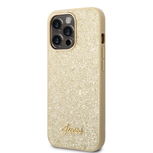 Apple iPhone 14 Pro Guess Glitter Flakes Metal Logo tok (Arany) - GUHCP14LHGGSHD