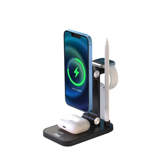 XO TK23 digitális kijelzős mágneses 4 az 1-ben töltő (Fekete) – 15W telefonhoz, 5W fülhallgatóhoz, 2.5W okosórához, 2W kapacitív