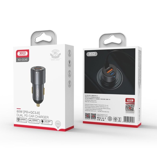 XO CC45 autós gyorstöltő 2 PD + QC 3.0 csatlakozóval lightning kábellel, fekete-fehér