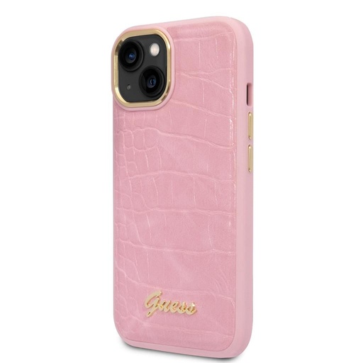 Apple iPhone 14 Plus Guess PU Croco tok fém kamera kerettel (Rózsaszín) - GUHCP14MHGCRHP