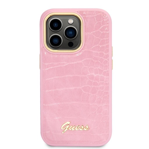 Apple iPhone 14 Pro Max Guess PU Croco tok fém kamera kerettel (Rózsaszín) - GUHCP14XHGCRHP