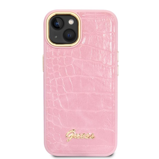 Apple iPhone 14 Guess PU Croco tok fém kamera kerettel (Rózsaszín) - GUHCP14SHGCRHP