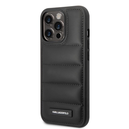 Apple iPhone 14 Pro Max Karl Lagerfeld Quilted Puffy Metal Logo tok (Fekete) – KLHCP14XPSQAK