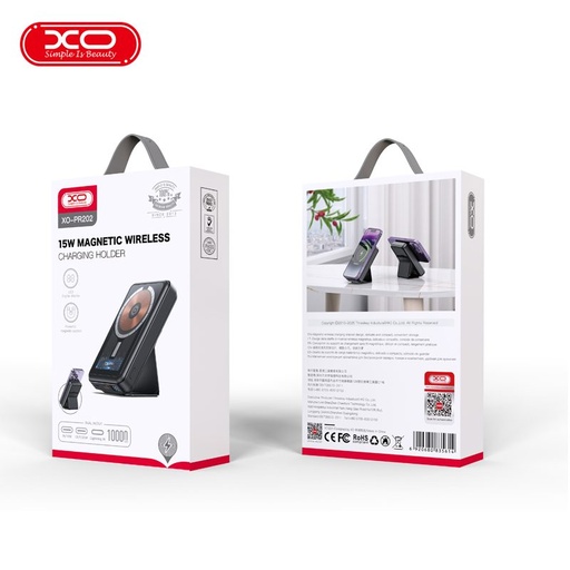 XO PR202 power bank 10000 mAh (Fekete) – mágneses, vezeték nélküli gyorstöltés 15W, PD 20W, átlátszó kivitel