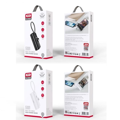 XO PB304 power bank 3300 mAh (Fehér) – mini, kijelző, tartóbak, beépített USB-C kábel