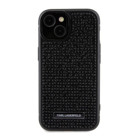 Apple iPhone 15 Karl Lagerfeld Rhinestone Plate Metal Logo tok (Fekete) – KLHCP15SHDSPLK