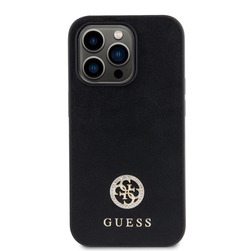 Apple iPhone 15 Pro Guess PU 4G Strass Metal Logo tok (Fekete) - GUHCP15LPS4DGPK