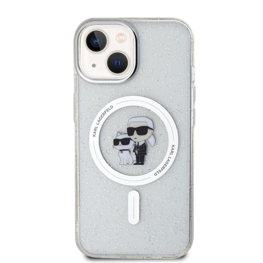 Apple iPhone 15 Karl Lagerfeld IML Glitter Karl and Choupette MagSafe tok (Átlátszó) – KLHMP15SHGKCNOT