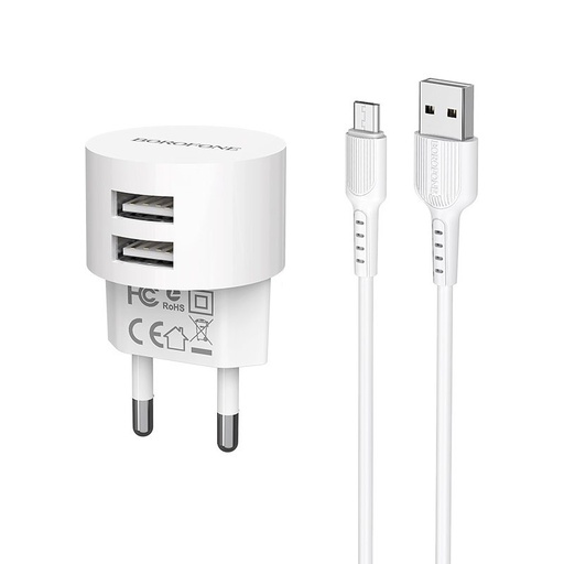 Borofone BA23A hálózati töltő (2 USB port, microUSB kábel), 5V 2,4A, fehér