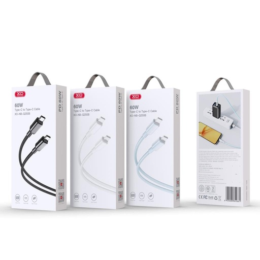 XO NB-Q250B USB-C–USB-C adatkábel (Kék) – 60W, fényes PVC borítás
