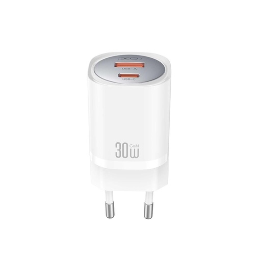 XO CE21 30W GaN gyorstöltő (Fehér) – USB-C + USB-A csatlakozó, Type-C kábellel