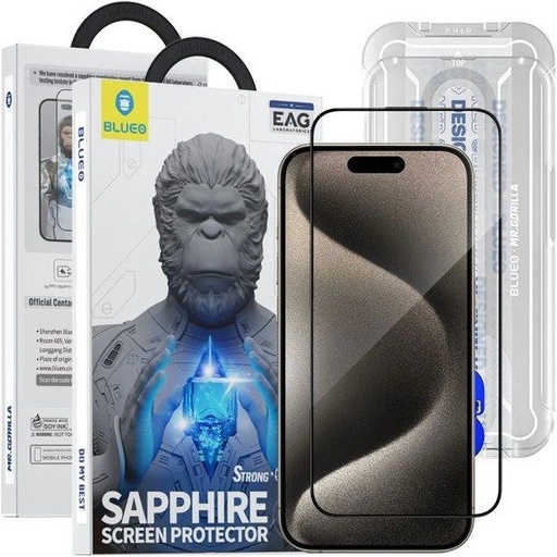 Apple iPhone 15 Pro BLUEO zafír üvegfólia + felhelyezőkeret átlátszó