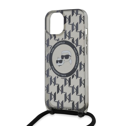 Apple iPhone 15 Karl Lagerfeld IML Monogram Crossbody K&CH Heads MagSafe tok (Fekete) – KLHMP15SHCKCKLCK