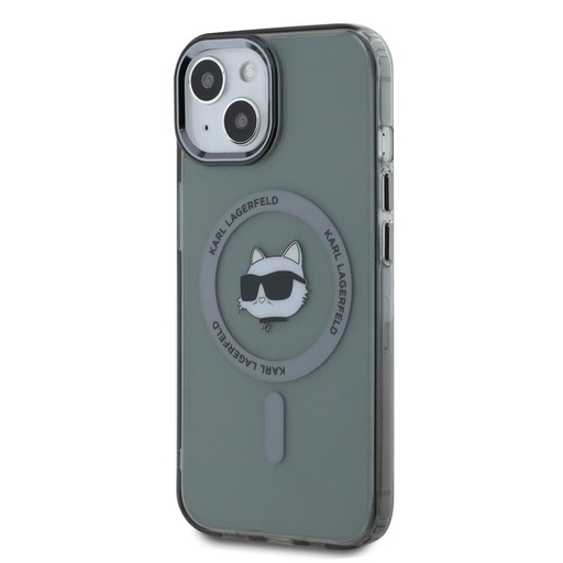 Apple iPhone 15 Karl Lagerfeld IML Choupette Head Metal Frame MagSafe tok (Fekete) – KLHMP15SHLSCHK