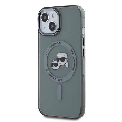 Apple iPhone 15 Karl Lagerfeld IML K&CH Heads Metal Frame MagSafe tok (Fekete) – KLHMP15SHLSKCK