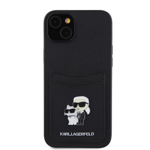 Apple iPhone 15 Karl Lagerfeld PU Saffiano Card Slot Metal Karl and Choupette tok (Fekete) – KLHCP15SSAPKCNPK