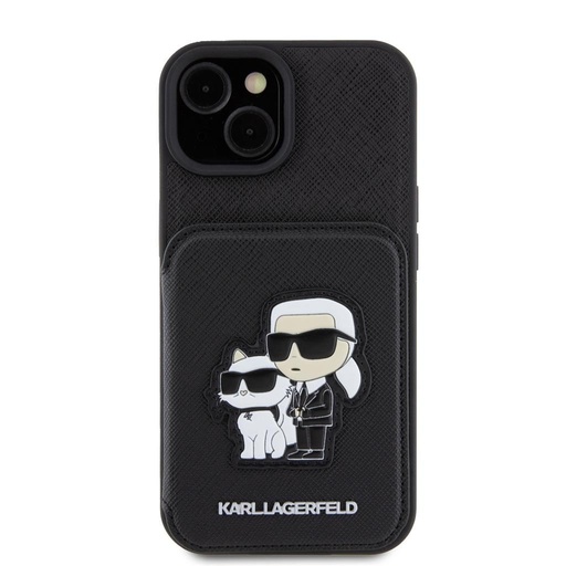 Apple iPhone 15 Karl Lagerfeld PU Saffiano Card Slot Stand Karl and Choupette tok (Fekete) – KLHCP15SSAKCSCK