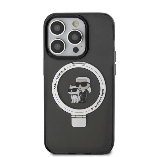 Apple iPhone 15 Pro Max Karl Lagerfeld Ringstand Karl and Choupette MagSafe tok (Fekete) – KLHMP15XHMRSKCK