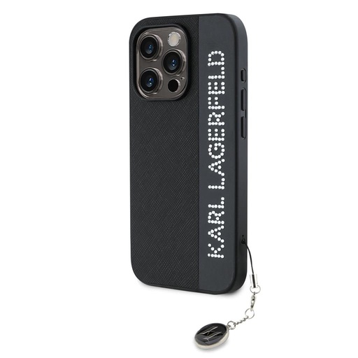 Apple iPhone 15 Pro Karl Lagerfeld PU Saffiano Rhinestone Charm tok (Fekete) – KLHCP15LPSAKDGCK