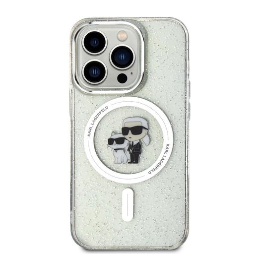 Apple iPhone 15 Pro Karl Lagerfeld IML Glitter Karl and Choupette MagSafe tok (Átlátszó) – KLHMP15LHGKCNOT