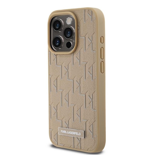 Apple iPhone 15 Pro Karl Lagerfeld PU Leather Monogram Metal Logo MagSafe tok (Bézs) – KLHMP15LPKHPORPE