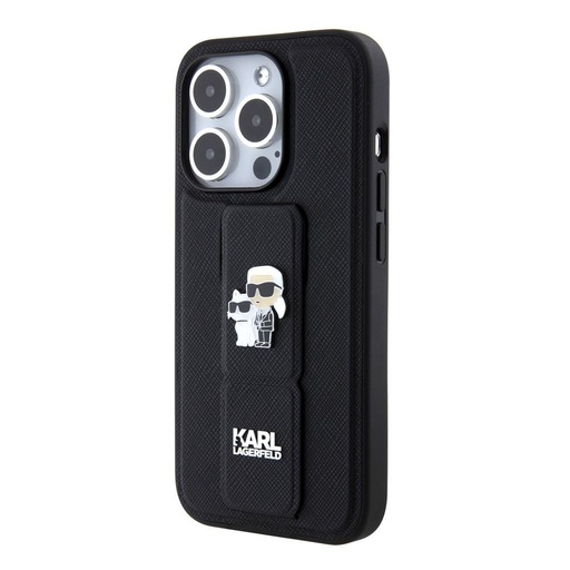 Apple iPhone 15 Pro Max Karl Lagerfeld Saffiano Grip Stand Metal Logo tok (Fekete) – KLHCP15XGSAKCPK