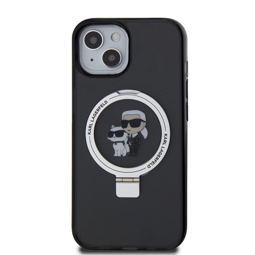 Apple iPhone 15 Karl Lagerfeld Ringstand Karl and Choupette MagSafe tok (Fekete) – KLHMP15SHMRSKCK