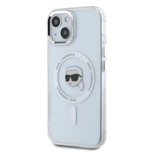 Apple iPhone 15 Karl Lagerfeld IML Karl Head Metal Frame MagSafe tok (Átlátszó) – KLHMP15SHLSKIH