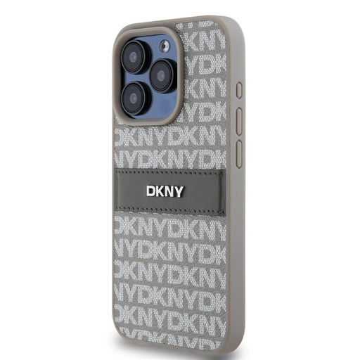 Apple iPhone 15 Pro DKNY PU Leather Repeat Pattern Tonal Stripe hátlap tok (Bézs - DKHCP15LPRTHSLE)