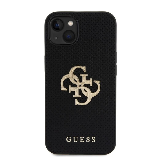 Apple iPhone 15 Guess PU Perforált 4G Glitter Metal Logo tok (Fekete) - GUHCP15SPSP4LGK