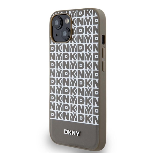 Apple iPhone 15 DKNY PU Leather Repeat Pattern Bottom Stripe MagSafe hátlap tok (Barna - DKHMP15SPSOSPW)
