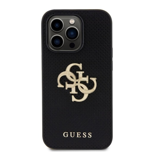 Apple iPhone 15 Pro Guess PU Perforált 4G Glitter Metal Logo tok (Fekete) - GUHCP15LPSP4LGK