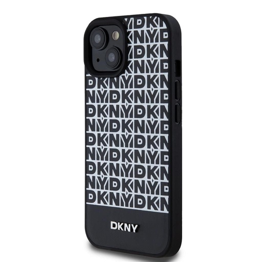 Apple iPhone 15 DKNY PU Leather Repeat Pattern Bottom Stripe MagSafe hátlap tok (Fekete - DKHMP15SPSOSPK)