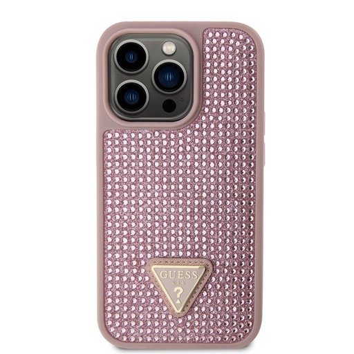 Apple iPhone 15 Pro Guess Rhinestones Triangle Metal Logo tok (Rózsaszín) - GUHCP15LHDGTPP