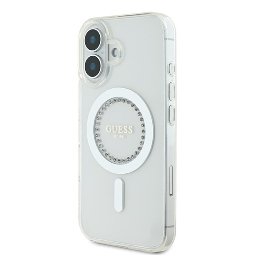 Apple iPhone 16 Guess IML Rhinestones Ring MagSafe tok (Fehér) - GUHMP16SPFTDTEH
