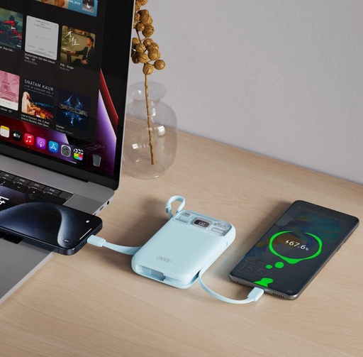 XO PR243 power bank 10000 mAh (Kék) – gyorstöltés 22.5W, digitális kijelző, USB-C és Lightning kábel