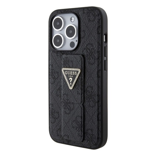 Apple iPhone 15 Pro Guess PU Grip Stand Strass Triangle tok (Fekete) - GUHCP15LPGS4TDK