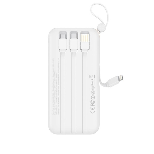 XO PR278 power bank 10000 mAh (Fehér) – digitális kijelző, 4 beépített kábel (USB-A, USB-C, MicroUSB, Lightning)