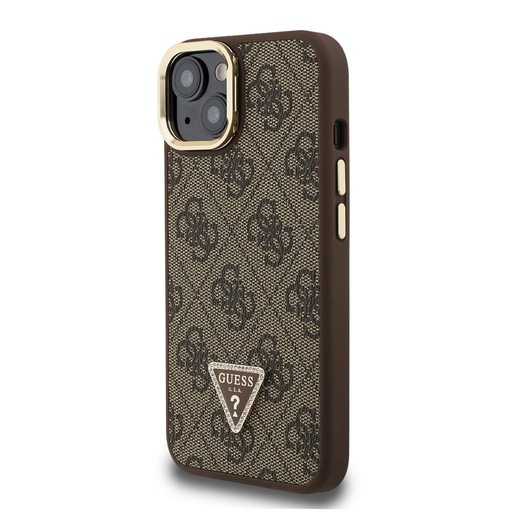 Apple iPhone 15 Guess PU 4G Strass Triangle Logo Stand Camera Frame MagSafe tok (Barna) - GUHMP15SPCS4GPTW