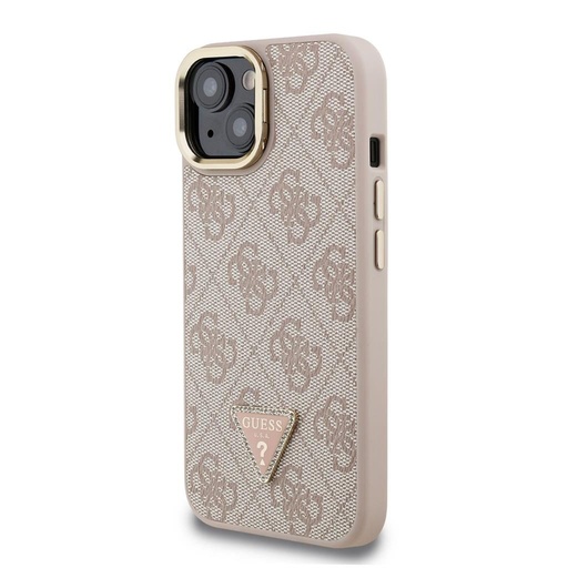 Apple iPhone 15 Guess PU 4G Strass Triangle Logo Stand Camera Frame MagSafe tok (Rózsaszín) - GUHMP15SPCS4GPTP