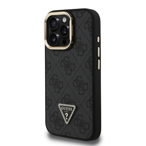 Apple iPhone 16 Pro Guess PU 4G Strass Triangle Logo Stand Camera Frame MagSafe tok (Fekete) - GUHMP16LPCS4GPTK