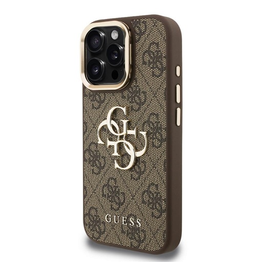 Apple iPhone 16 Pro Guess PU 4G Metal Logo Stand Camera Frame tok (Barna) - GUHCP16LPCS4GP4W